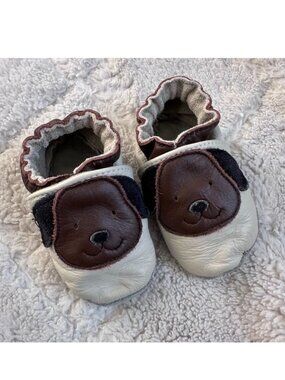 Robeez | Soft Leather Cream and Brown Puppy Moccasin | Size 0-6 Months